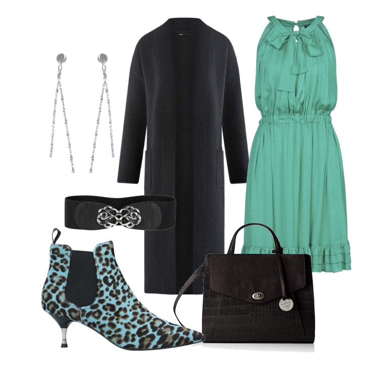 Outfit donna - Pranzo di lavoro. Stile Chic per Ufficio. Abbinamento con cinture, vestiti corti, stivaletti, borsa a mano, orecchini argento, cardigans.
