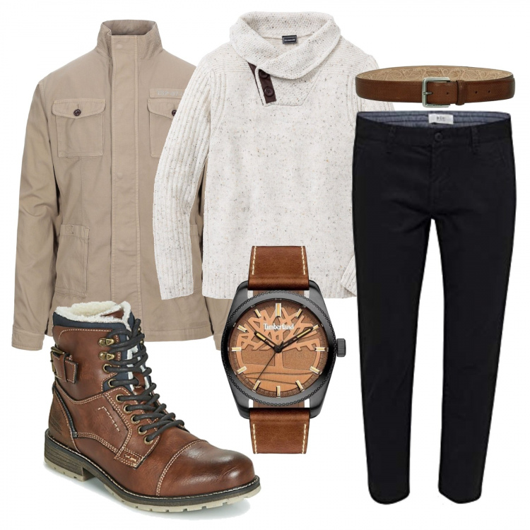 Outfit uomo - Casual. Stile Casual per Tutti i giorni. Abbinamento con maglieria, giubbotto, cinture, stivaletti marrone, pantaloni, orologi.