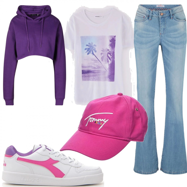 Outfit donna - Hip hop style. Stile Basic per Tutti i giorni. Abbinamento con jeans bootcut, t-shirt, felpa con cappuccio, sneakers, berretti.