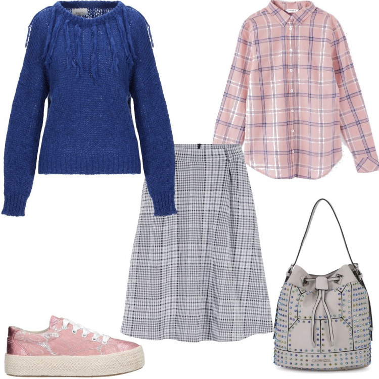 Outfit donna - #Mi vesto bene con poco. Stile Urban per Scuola/Università. Abbinamento con sneakers, pullover, costumi interi, camicie, borsetta secchiello con borchie nero e grigio.