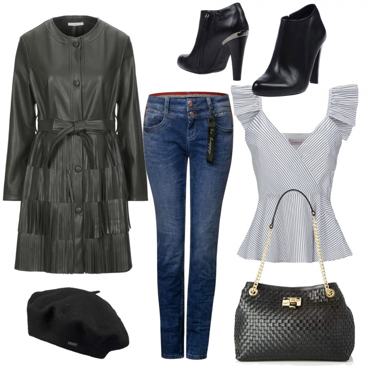 Outfit mujer - Cine y cena. Estilo Rock para Noche/Fiesta elegante. Combinación con shopping bag nero, vaqueros, cappello nero, top, cappotto, botines.