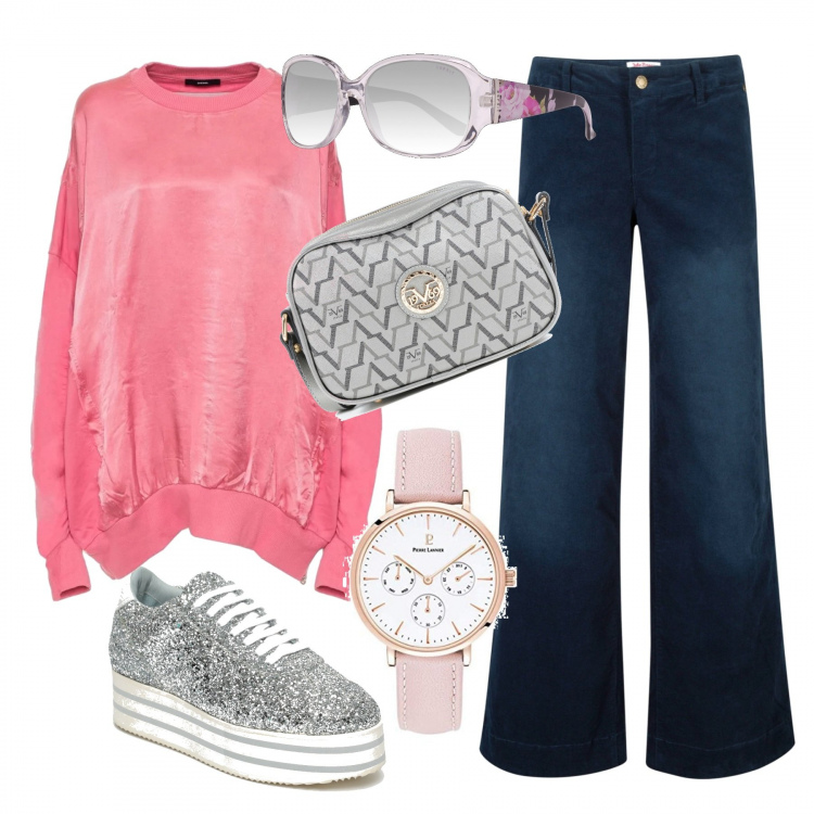Outfit donna - Gita fuori porta. Stile Basic per Tutti i giorni. Abbinamento con pantaloni, felpa, sneakers a righe argento, clutch in pelle argento, occhiali da sole, orologi analogici.