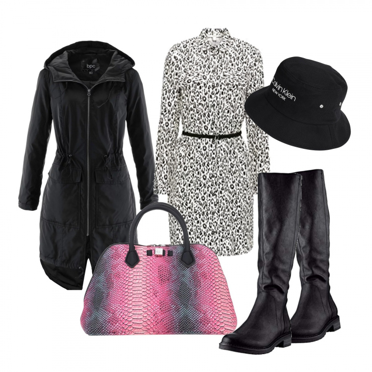 Outfit donna - Shopping in the rain. Stile Trendy per Tutti i giorni. Abbinamento con blazer, borse a mano, cappello, stivali, vestito chemisier.