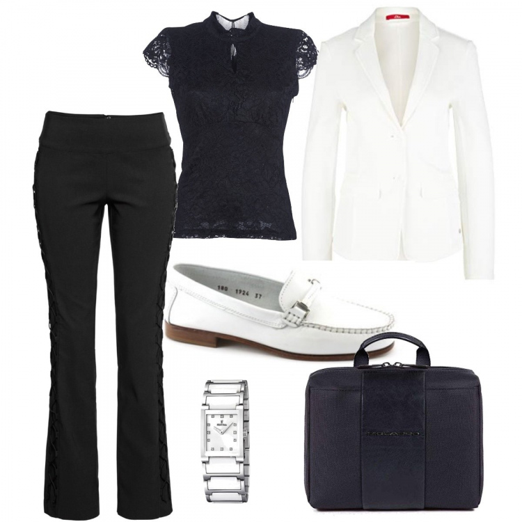 Outfit donna - Basic #6787. Stile Basic per Ufficio. Abbinamento con pantaloni, camicie, scarpe bianco, blazer, orologi.