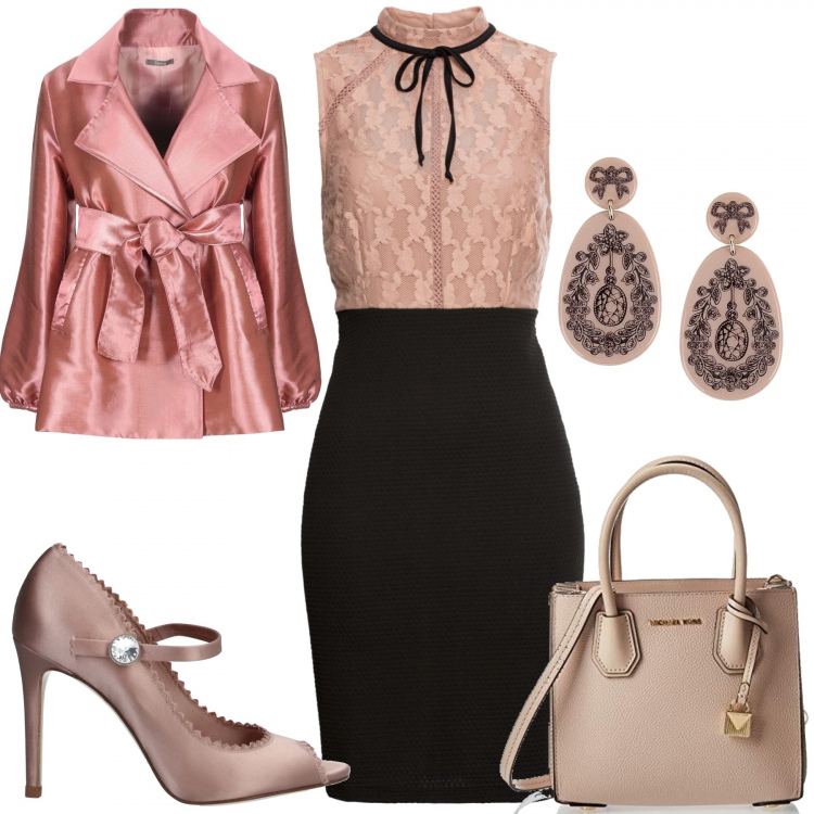 Outfit donna - Vestito a matita. Stile Chic per Serata fuori. Abbinamento con décolleté, orecchini, blazer, vestiti midi/longuette, borsa a tracolla con fasce in pelle rosa.