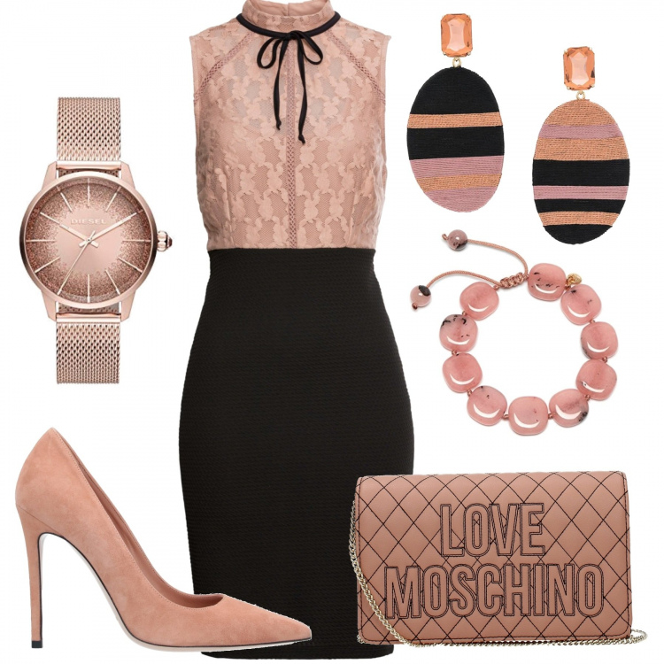 Outfit donna - Rosa pesca e nero. Stile Chic per Cerimonia. Abbinamento con décolleté, vestiti midi/longuette, pochette, orecchini, braccialetto, orologio analogico.