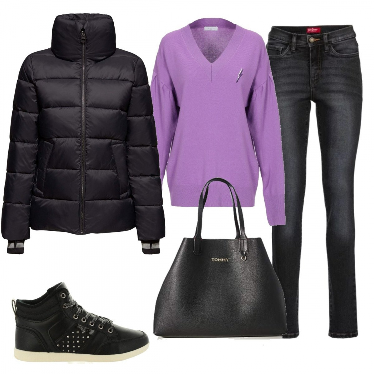Outfit donna - Pullover viola. Stile Basic per Tutti i giorni. Abbinamento con jeans slim fit, pullovers, giacca, sneakers alte, borsa tote.