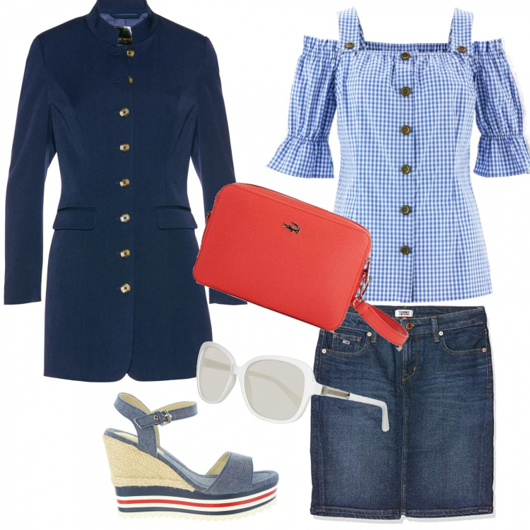 Outfit donna - Primavera estate 2020. Stile Basic per Tutti i giorni. Abbinamento con camicie a manica corta, blazer, gonna, sandali, occhiali da sole, borsa a tracolla con tracolla regolabile oro.