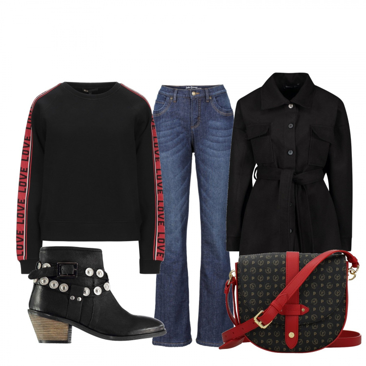 Outfit donna - Urban #5698. Stile Urban per Tutti i giorni. Abbinamento con jeans bootcut, felpa, giacca, borse a spalla, stivaletti nero.