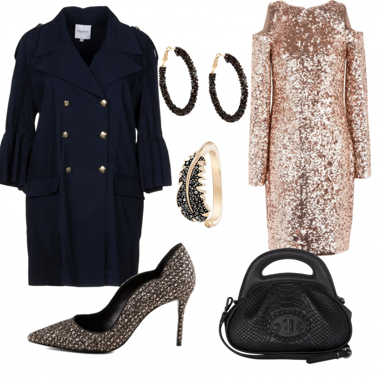 Outfit mujer - Gold Winter. Estilo Chic para Ceremonia. Combinación con anillos, zapatos de tacón, borsa a tracolla, vestito a tubo, trench, pendientes.