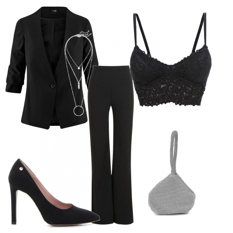 Outfit donna - Sexy #1844. Stile Sexy per Serata fuori. Abbinamento con bralette, ciondoli, pantalone lungo, clutch, scarpa, blazer aderente nero.