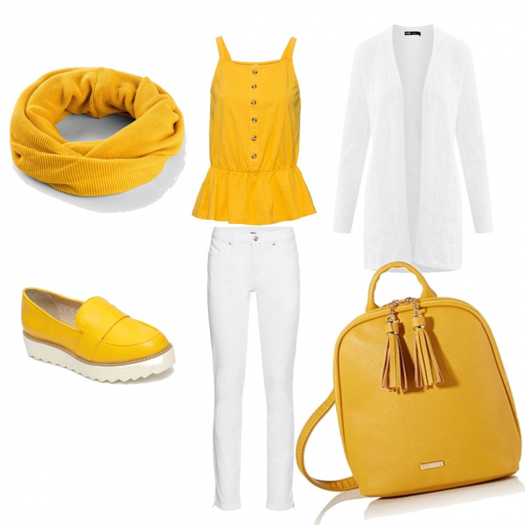 Outfit donna - Giallo mimosa. Stile Urban per Tutti i giorni. Abbinamento con jeans skinny, blazer, foulard, mocassini interno in tessuto con punta tonda giallo, borsa a spalla, cardigan traforato collo aperto aderente bianco.
