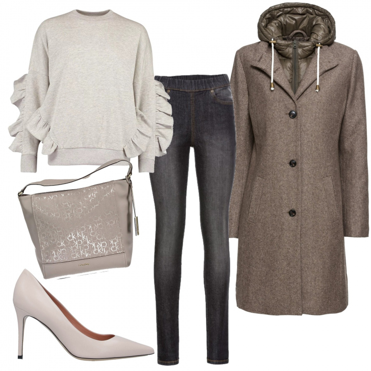 Outfit donna - Trendy #12058. Stile Trendy per Tutti i giorni. Abbinamento con cappotti, jeggings, décolleté, maglione, borse a spalla.