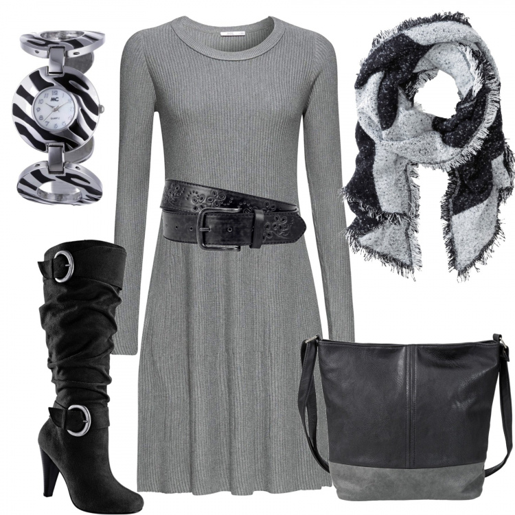 Outfit donna - Grigio e nero. Stile Basic per Tutti i giorni. Abbinamento con sciarpe, cinture, stivali, shopping bag, vestiti, orologio.