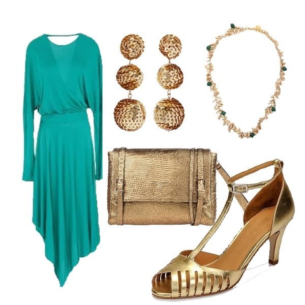 Outfit mujer - Verde croma. Estilo Trendy para Noche/Fiesta elegante. Combinación con sandalias, vestidos midi/longuettes, collares, pendientes, borsa a tracolla.