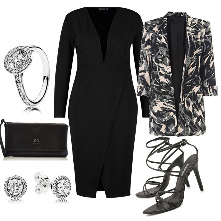 Outfit donna - Total look #464882. per Cerimonia. Abbinamento con vestito longuette/midi, scarpe con cinturino nero, giacca lunga con stampa chiffon con scollo a maniche 3/4 nero e rosa, anelli, orecchini, pochette.