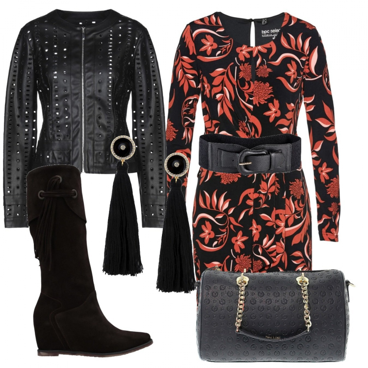 Outfit donna - Trendy #12130. Stile Trendy per Tutti i giorni. Abbinamento con cinture, vestito corto, cappotti, zeppe, orecchini, borsa a mano.