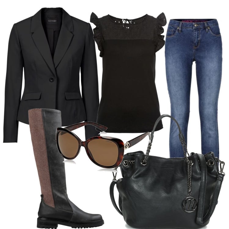 Outfit donna - Trendy #12138. Stile Trendy per Tutti i giorni. Abbinamento con jeans skinny, top, blazer, stivali, borsa a spalla, occhiali da sole.