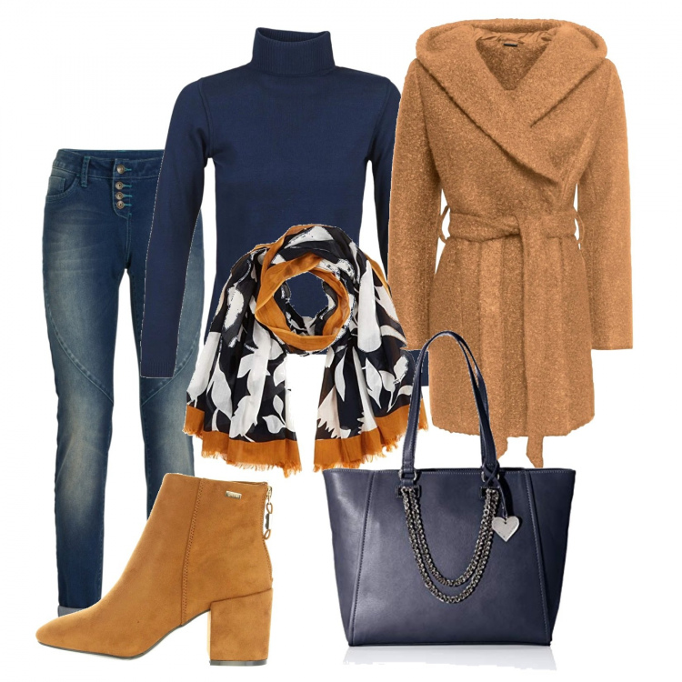 Outfit donna - Trendy #12141. Stile Trendy per Tutti i giorni. Abbinamento con jeans boyfriend, cappotti, maglioni, borse a spalla, sciarpa, stivaletti.