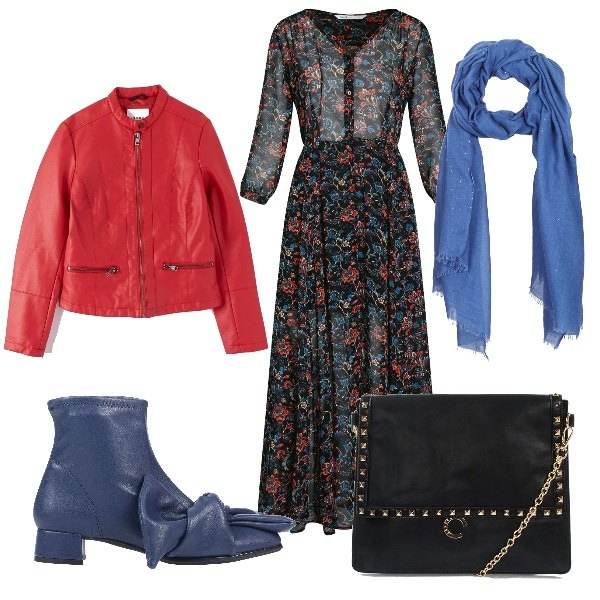 Outfit donna - In lungo a colori. Stile Trendy per Tutti i giorni. Abbinamento con stivaletti, cappotti, sciarpa, vestito lungo, borsa.
