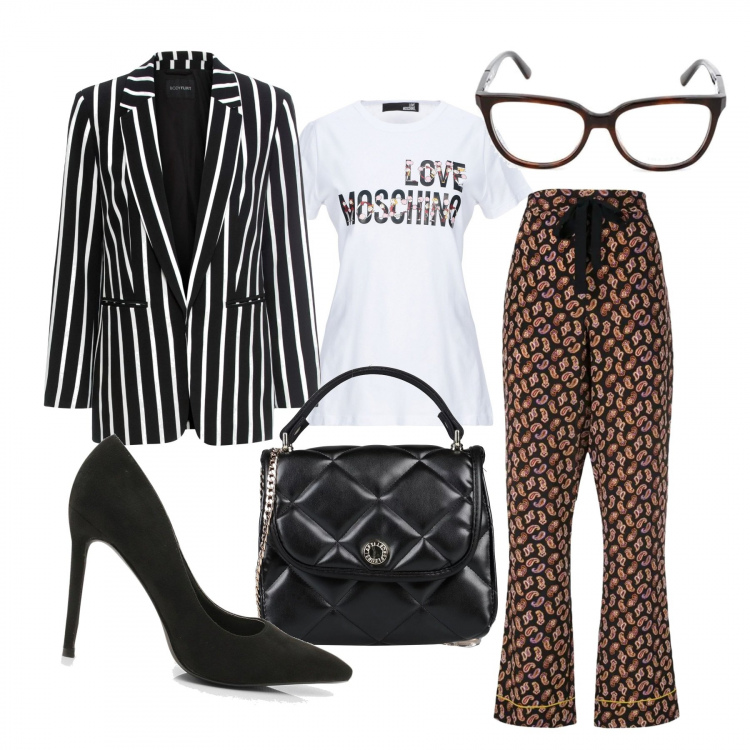 Outfit donna - Mix & match in ufficio. Stile Trendy per Ufficio. Abbinamento con blazer, t-shirt, borsa a tracolla, scarpe col tacco, pantalone con nodi e stampa in seta, occhiali da sole unisex-adulto marrone.