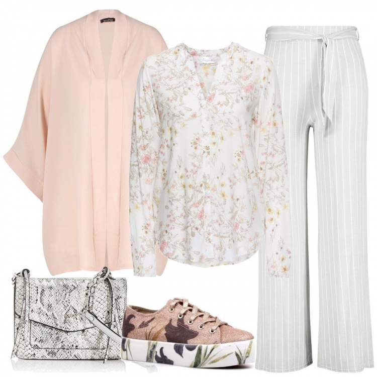 Outfit donna - Mix and match dai toni delicati. Stile Trendy per Tutti i giorni. Abbinamento con camicie, pantalone, cardigan, sneakers, borse a tracolla.