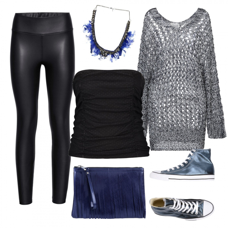 Outfit donna - La curvy abbina i leggings. Stile Trendy per Tutti i giorni. Abbinamento con leggings, pullover, sneakers alte, borse a mano, corsetto a pois a rete nero, collana.
