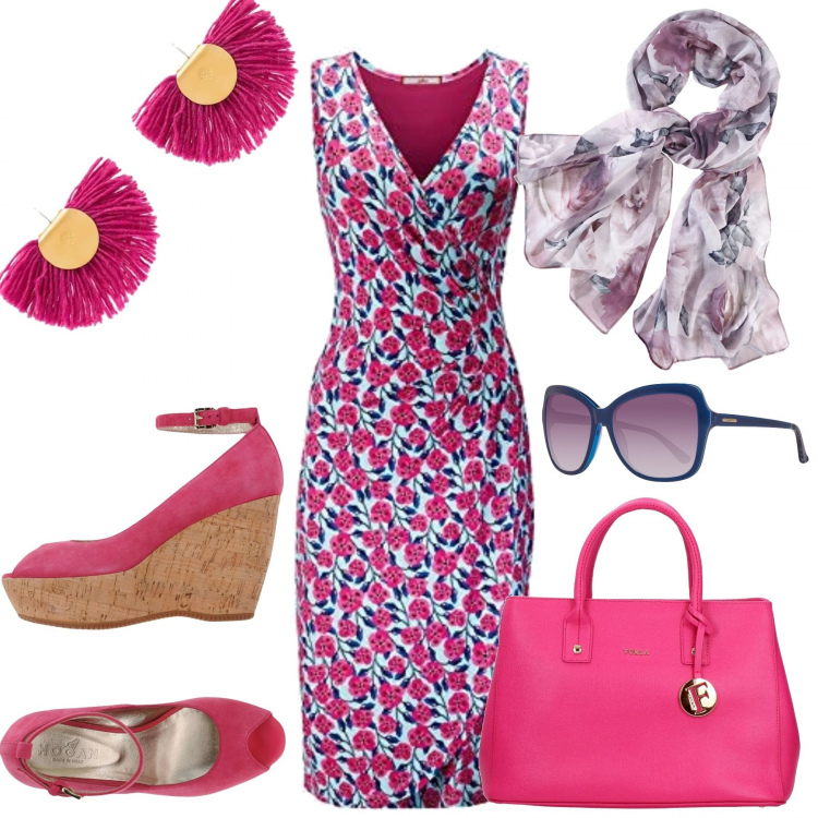 Outfit donna - Vestito a fiori. Stile Chic per Tutti i giorni. Abbinamento con foulard, décolleté, borsa a mano, orecchini, vestiti, occhiali da sole.
