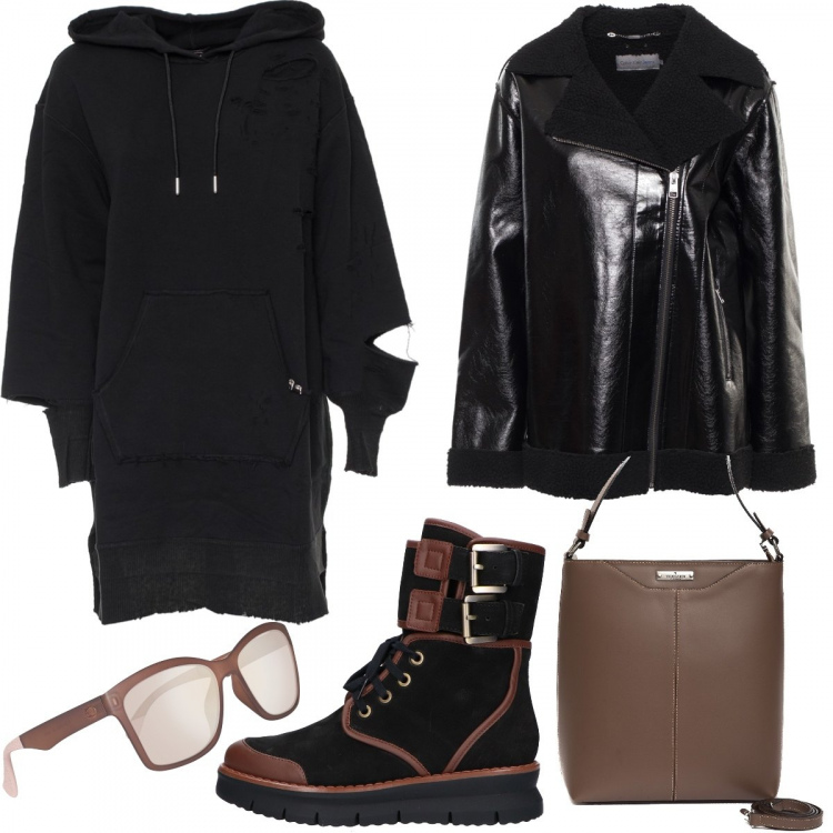 Outfit donna - Felpona. Stile Urban per Tutti i giorni. Abbinamento con vestito lungo, stivali, borsa, blazer, occhiali da sole.