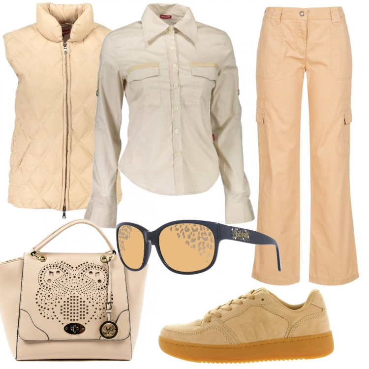 Outfit donna - Pricy. Stile Basic per Tutti i giorni. Abbinamento con pantaloni, scarpa sportiva, camicie, borse a mano, occhiali da sole, piumino senza maniche.