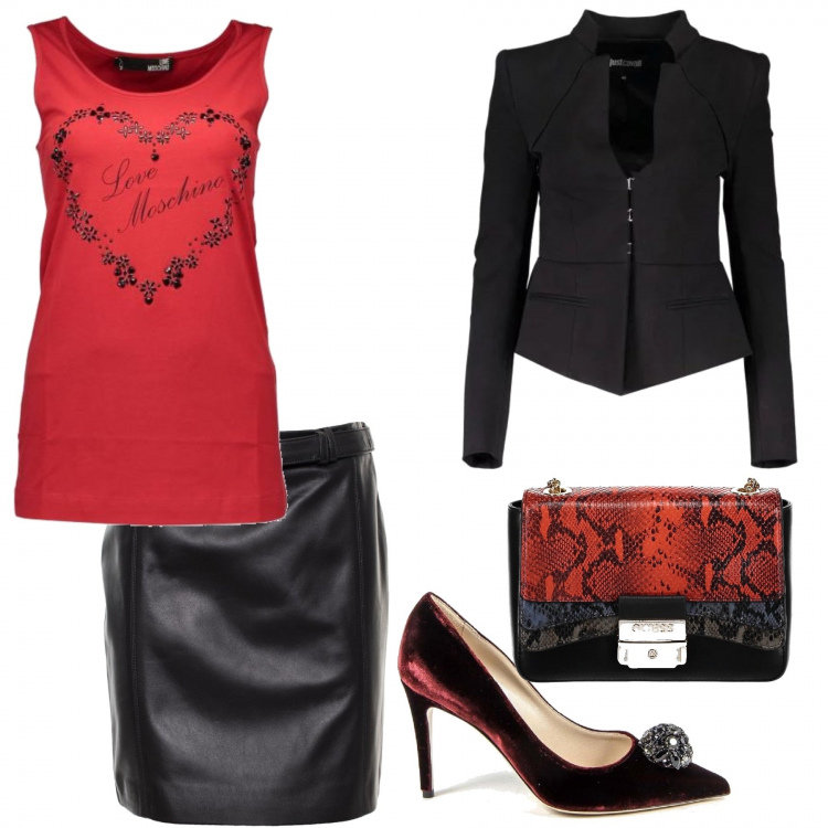 Outfit donna - Rock #1695. Stile Rock per Serata fuori. Abbinamento con gonna, giacche sportive, scarpe col tacco, borsa, canottiere.