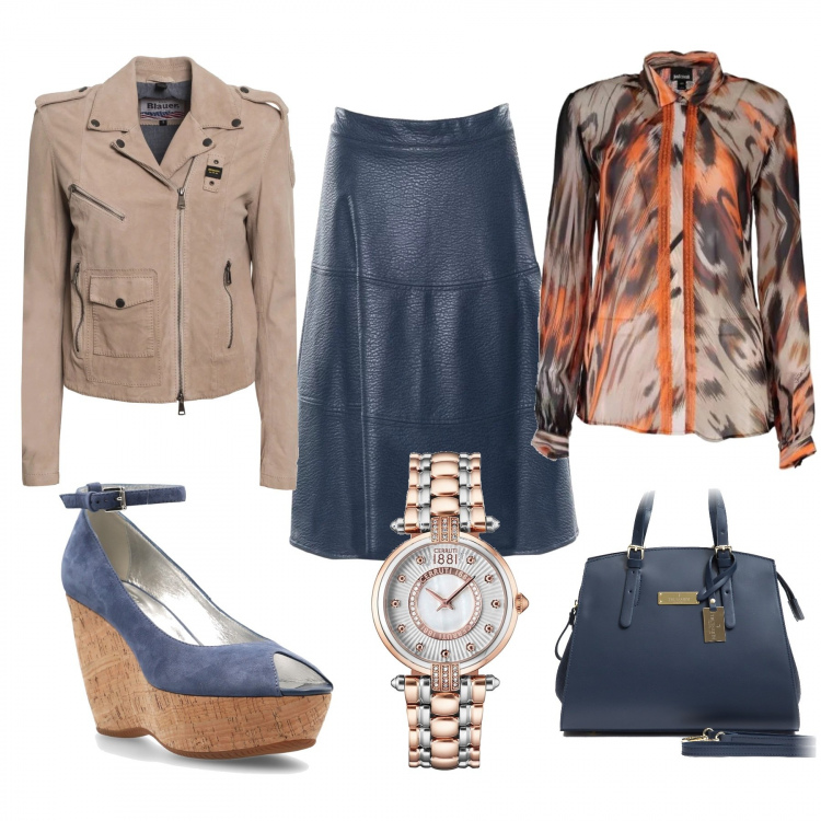 Outfit donna - Pricy di primavera. Stile Urban per Tutti i giorni. Abbinamento con gonne, camicie, borsa, sandali, blazer, orologio.