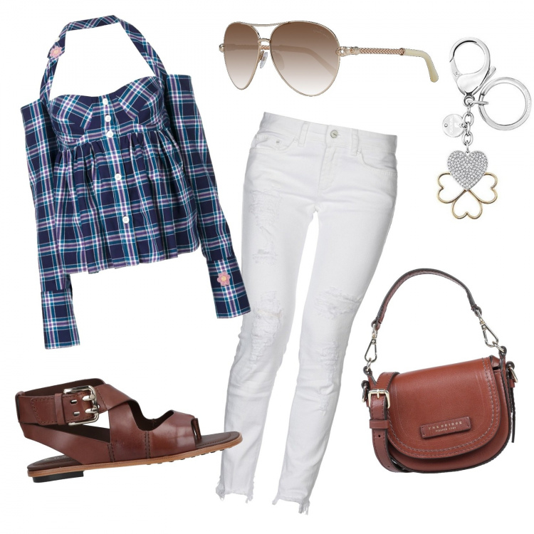 Outfit donna - Una sera d\'estate.... Stile Trendy per Tutti i giorni. Abbinamento con infradito, borse a spalla, pantalone lungo, bluse, occhiali da sole, portachiavi in placcato argento.