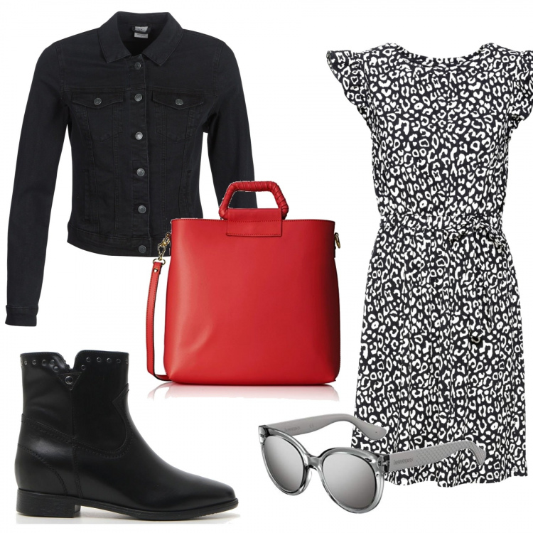 Outfit donna - La borda rossa. Stile Basic per Tutti i giorni. Abbinamento con vestiti, giacche, stivaletti, borse a spalla, occhiali da sole argento.