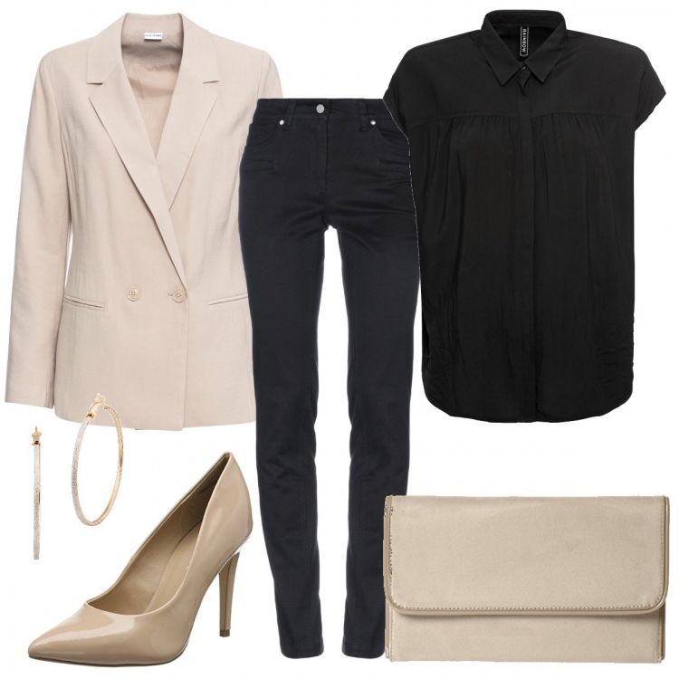 Outfit donna - Il trucco è la semplicità. Stile Trendy per Serata fuori. Abbinamento con camicie a manica corta, blazer, orecchini, pantalone lungo, scarpe col tacco beige, pochette.