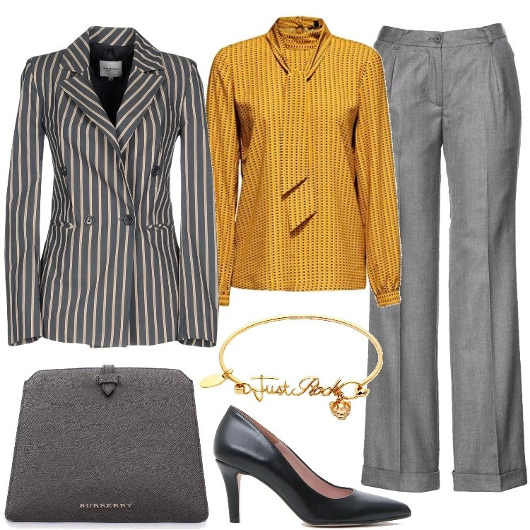 Outfit donna - Just Rock!. Stile Chic per Ufficio. Abbinamento con pantaloni, braccialetti, blazer, portacomputer nero, camicia, décolleté.