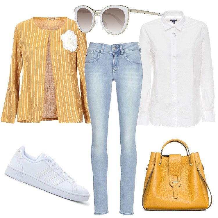 Outfit donna - Luminosa. Stile Basic per Tutti i giorni. Abbinamento con blazer, jeans skinny, borsa a tracolla giallo, sneakers, camicia collo classico a maniche lunghe tinta unita bianco, occhiali da sole.
