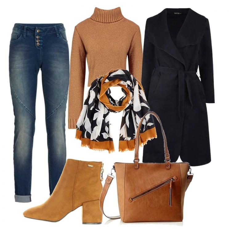 Outfit donna - Trendy #12471. Stile Trendy per Tutti i giorni. Abbinamento con jeans boyfriend, cappotto, pullover collo a dolcevita in in maglia cammello, sciarpa, stivaletti, borse tote.