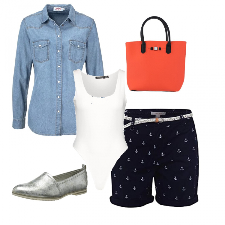 Outfit donna - Basic #7096. Stile Basic Abbinamento con camicie, borse a mano, top, pantalone corto navy, mocassini argento.