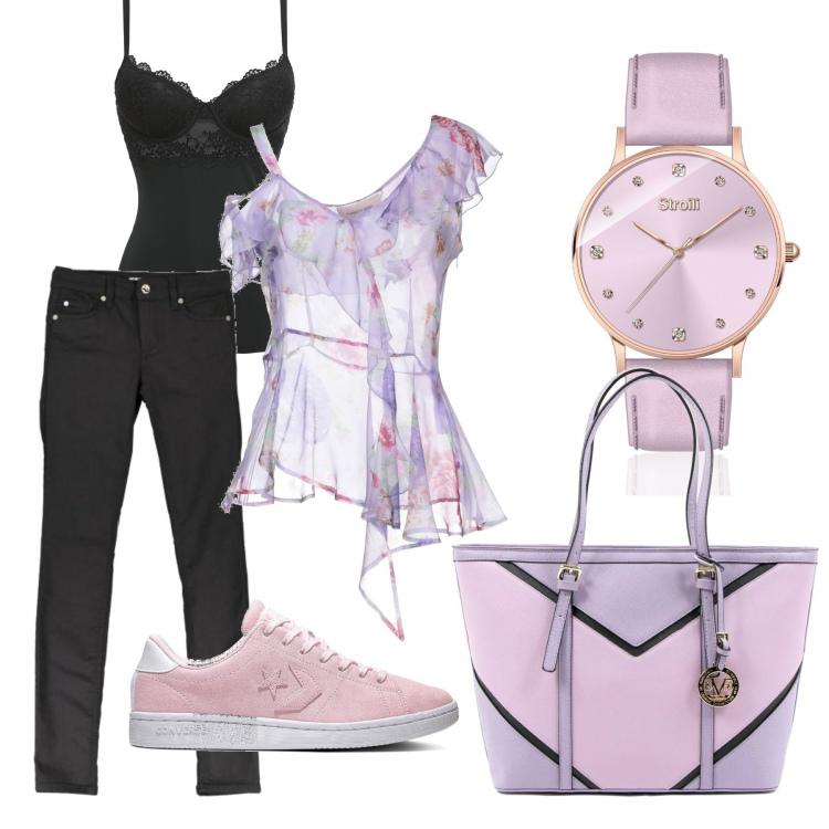Outfit donna - Total look #467044. Abbinamento con canottiere, top, borse a mano, sneakers, bracciale, pantaloni.