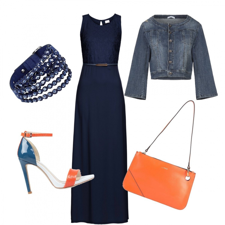 Outfit donna - Trendy #12531. Stile Trendy per Serata fuori. Abbinamento con vestiti lunghi, blazer, sandali col tacco, borse a mano, bracciale girocollo blu.
