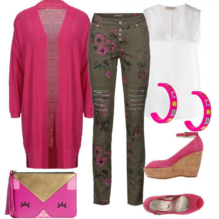 Outfit donna - Ricordati di me. Stile Urban per Tutti i giorni. Abbinamento con pantaloni skinny, décolleté, cardigan, pochette, blusa, orecchini.