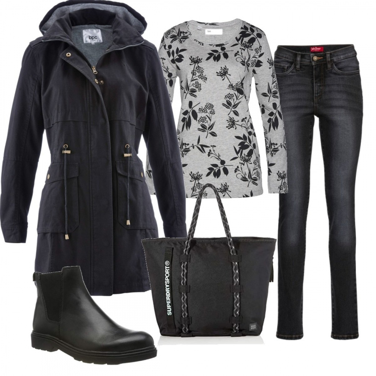 Outfit donna - Superdry sport. Stile Basic per Tutti i giorni. Abbinamento con jeans slim fit, felpe, parka, borsa tote, stivali.