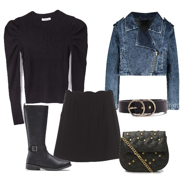 Outfit donna - Total black e denim. Stile Trendy per Serata fuori. Abbinamento con stivali, cinture, maglia, borsa a tracolla fantasia floreale con borchie nero, giubbotto, minigonne.