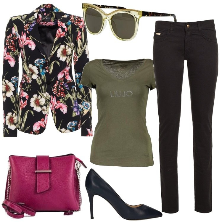 Outfit donna - La giacca a fiori. Stile Trendy per Tutti i giorni. Abbinamento con occhiali da sole, décolleté, t-shirt, giubbotto, pantaloni, borsa a tracolla in pelle fucsia.