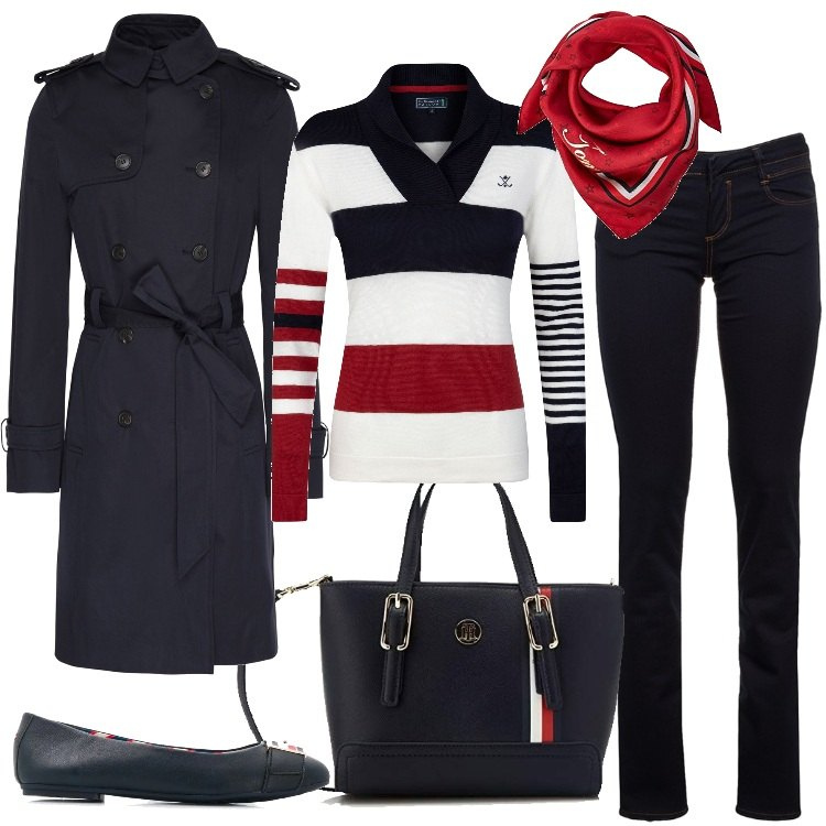Outfit donna - In blu, rosso e bianco. Stile Basic per Tutti i giorni. Abbinamento con trench, ballerine, maglia a righe bianco e navy e rosso, pantaloni, borse tote, foulard.