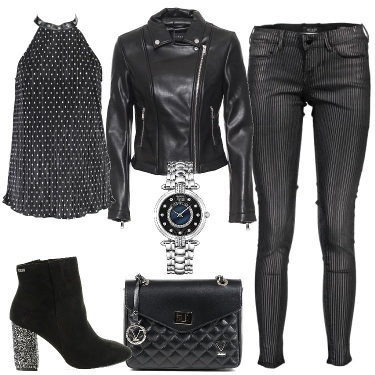 Outfit donna - Total black. Stile Rock per Serata fuori. Abbinamento con canottiere, pantaloni, stivaletti, blazer, pochette, orologio.