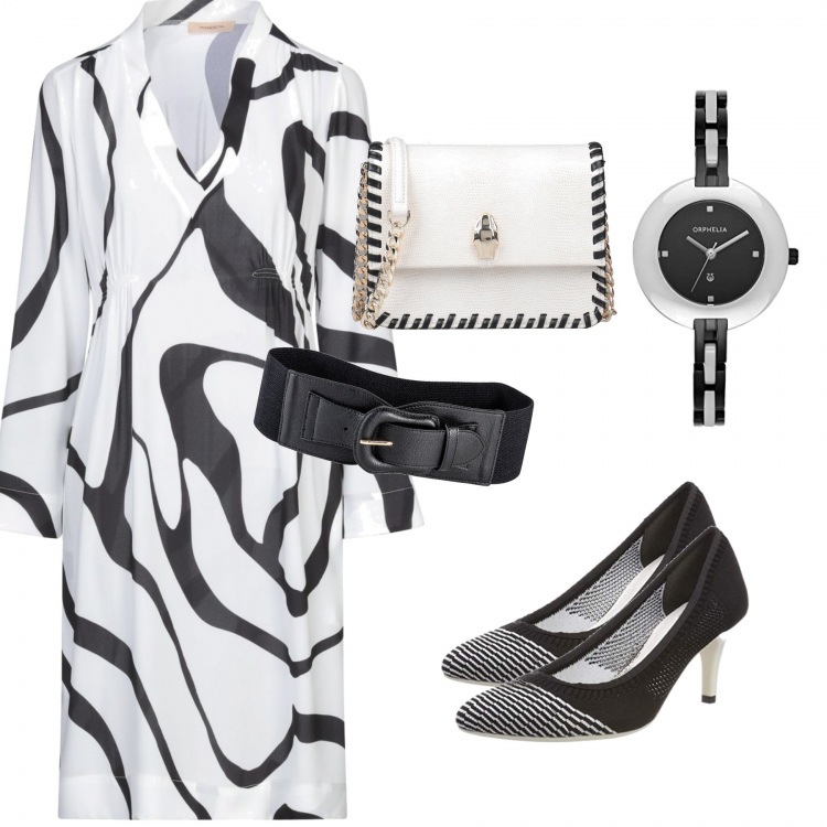 Outfit donna - Bianco e nero coppia d\'assi. Stile Chic per Tutti i giorni. Abbinamento con cinture, vestiti corti, borse a spalla, scarpa col tacco, orologi analogici.