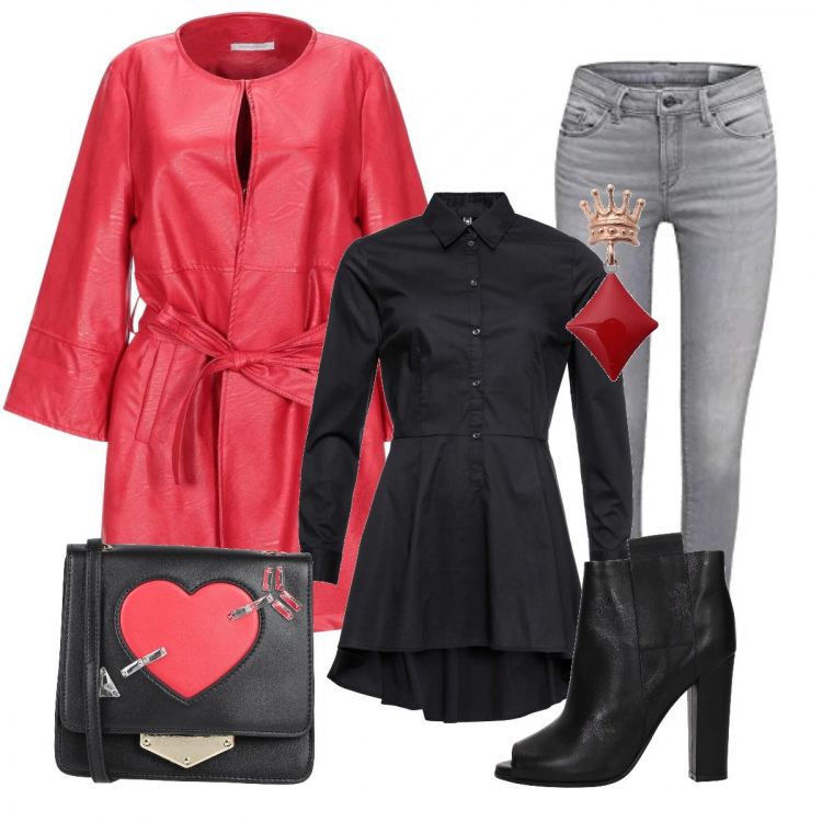 Outfit donna - Stasera esco con lui. Stile Trendy per Serata fuori. Abbinamento con camicie, cappotto, orecchini, borse a spalla, stivaletti, jeans skinny.