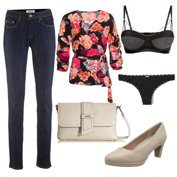 Outfit donna - Incrocio fiorito. Stile Chic per Ufficio. Abbinamento con jeans skinny, camicie, reggiseno a balconcino, slip, scarpe col tacco, borse a tracolla.